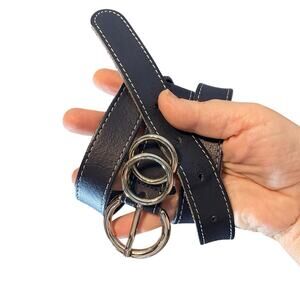 Vintage In Extenso Navy Leather Belt 3-Ring Circle Buckle Made in France